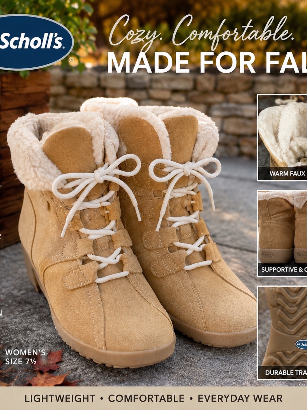 Dr. Scholl's Women's Genuine Suede Boots Faux Shearling Lace Up Tan Size 7.5